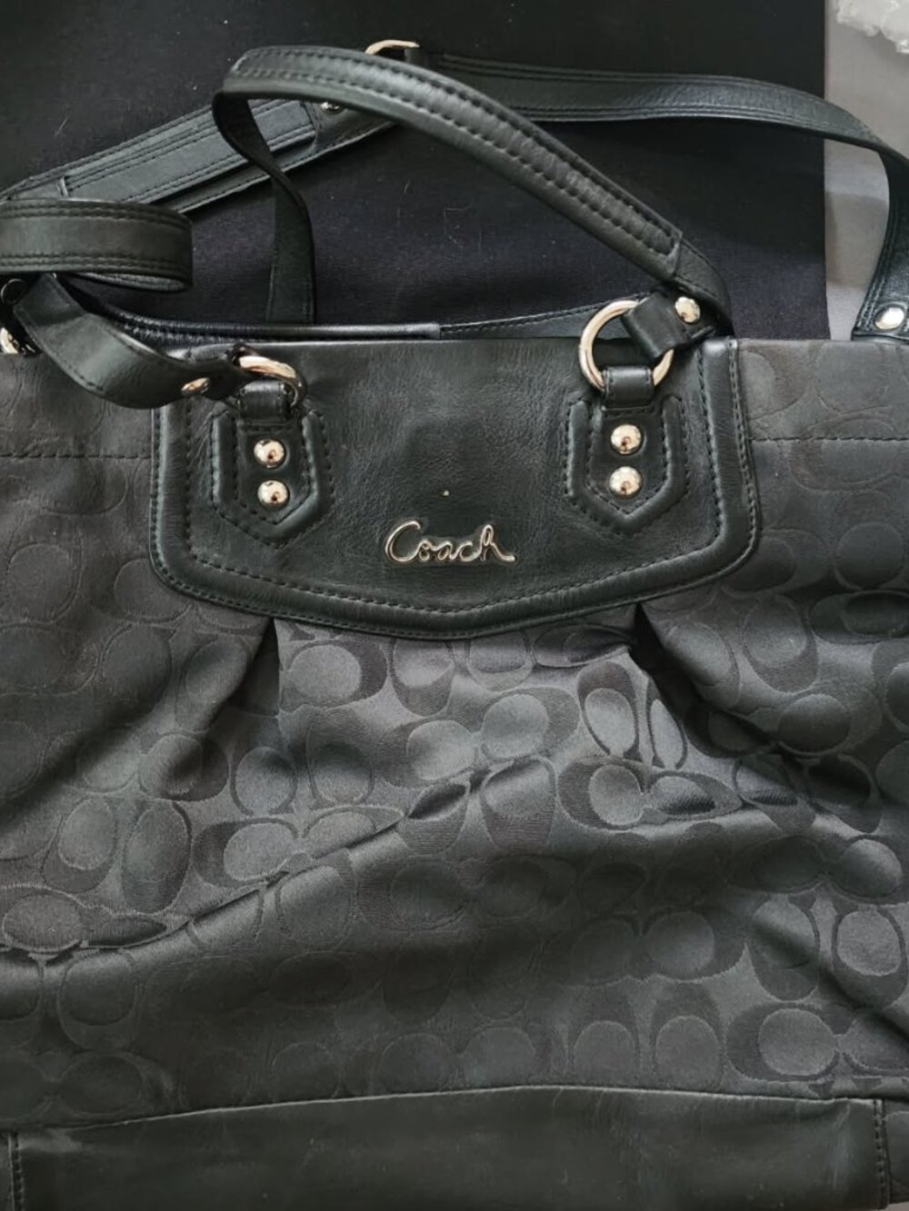 COACH Hand Bag Black Signature Ashley Black Leather Trim Handles